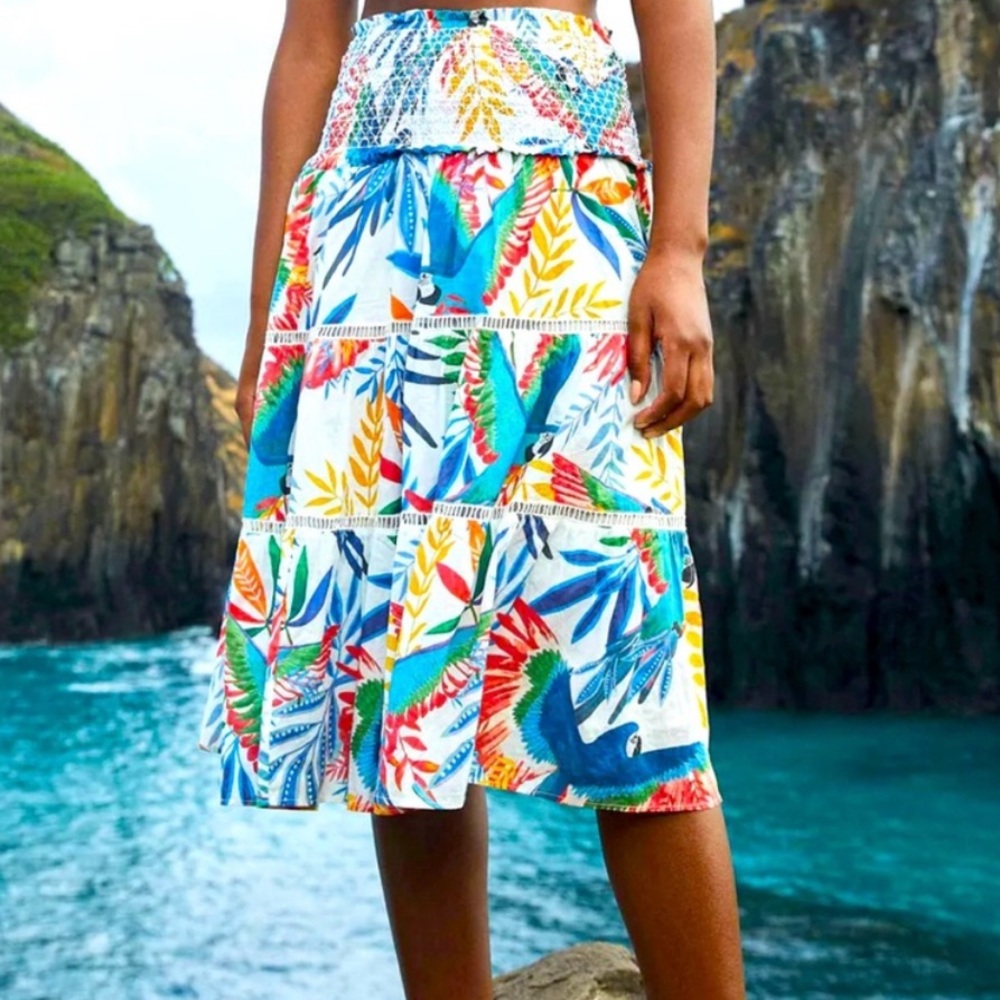 Farm Rio Macaw Wind Smocked Midi Skirt XS